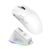 White gaming mouse and charging stand with RGB lighting on a white background