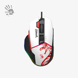 Gaming mouse with red and black design on a white background, featuring the Bloody brand logo.