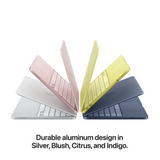 Four laptops in different colors on a white background with text about durable aluminum design.