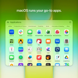 macOS application screen with various app icons on a green gradient background