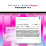 Computer screen with text editor on a pink and blue abstract background, featuring Apple branding.