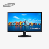 Samsung LED monitor with colorful building display on a white background