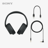 Sony headphones with USB cable and audio cable on a white background