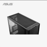 Black computer case with mesh side panel on a white background, featuring the ASUS logo.