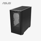 Black computer case with glass panel on a white background, featuring the ASUS logo.