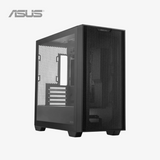 Black computer case with glass side panel on a white background, featuring the ASUS logo.