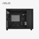 Black computer case with open side panel on a white background, featuring the ASUS logo.