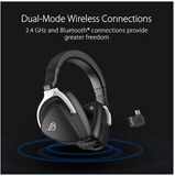 Gaming headset with wireless dongle on a black background, highlighting dual-mode wireless connections.