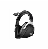 Black and white gaming headset with a visible brand logo on a white background