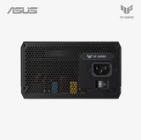 Back view of a black ASUS TUF Gaming power supply unit on a white background