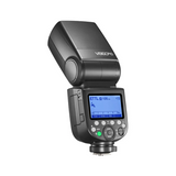 Camera flash with digital display on a white background