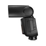 Black camera flash on a white background