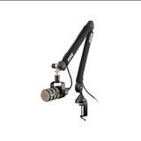 Rode microphone with adjustable arm on a white background