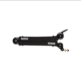 Black Röde microphone stand on a white background