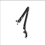 Black microphone boom arm on a white background