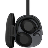 Black headphones with open case on a white background